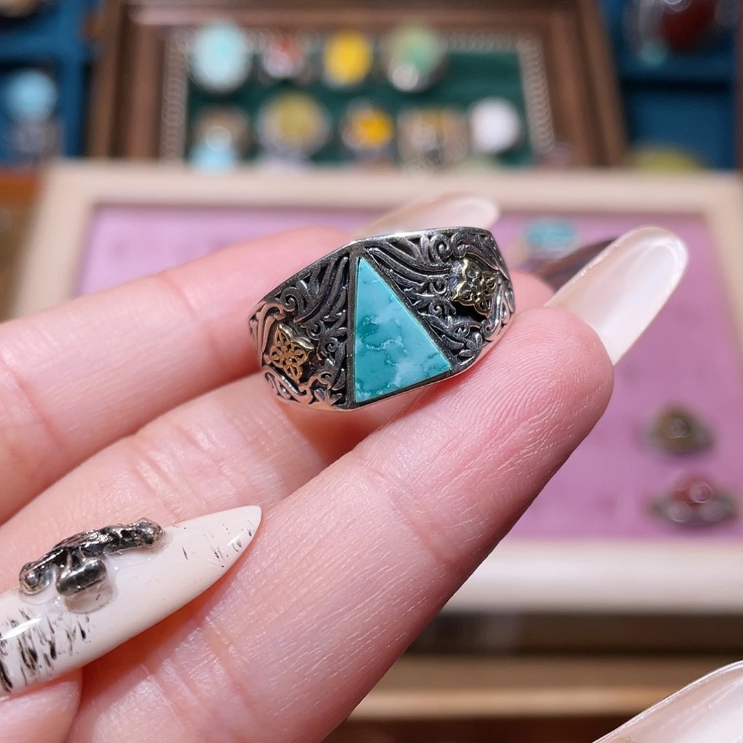 ****屁绿松石银S925镶嵌戒指