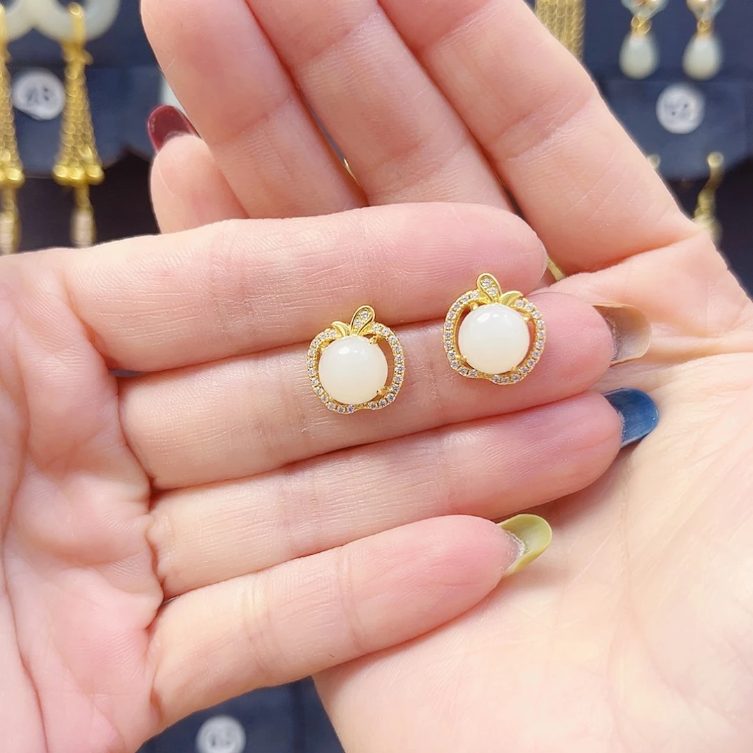 和田玉银S925镀金镶嵌耳饰