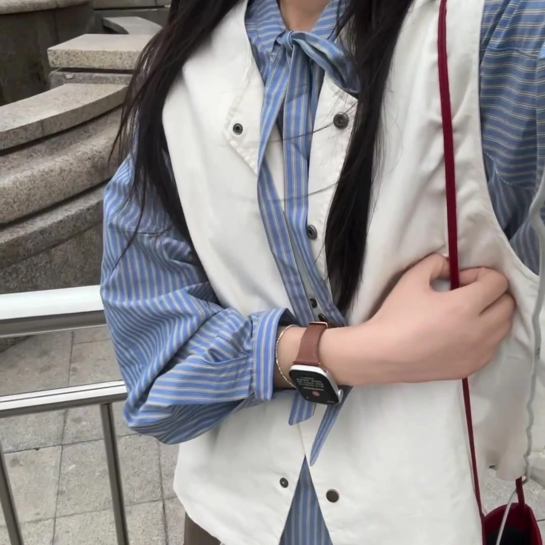 韩系休闲风条纹长袖衬衫女2025秋季新款系带衬衣叠穿坎肩马夹套装