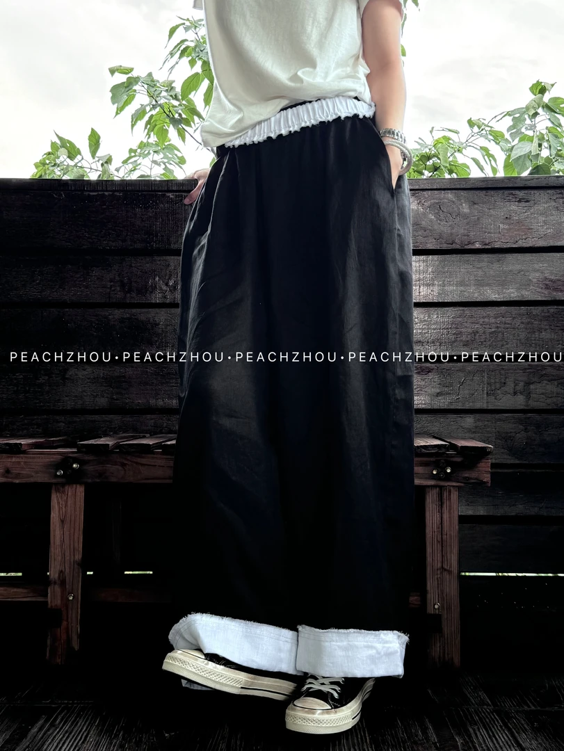 『PEACHZHOU』100亚麻花苞腰撞色翻边宽松休闲裤松紧腰高级感阔腿裤