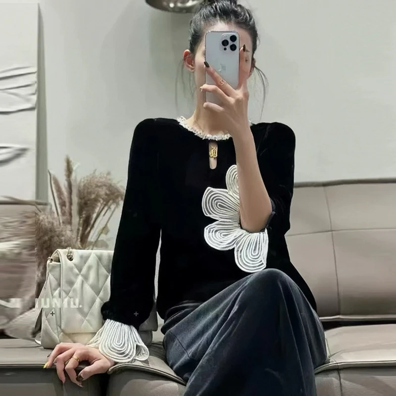 2025春装新款名媛小香风真丝丝绒复古法式小众上衣真丝丝绒上衣