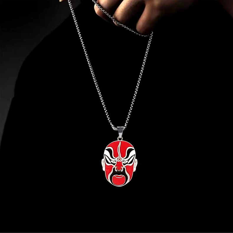 国潮项链男嘻哈京剧脸谱钛钢项链潮流毛衣链个性男士小众设计坠链