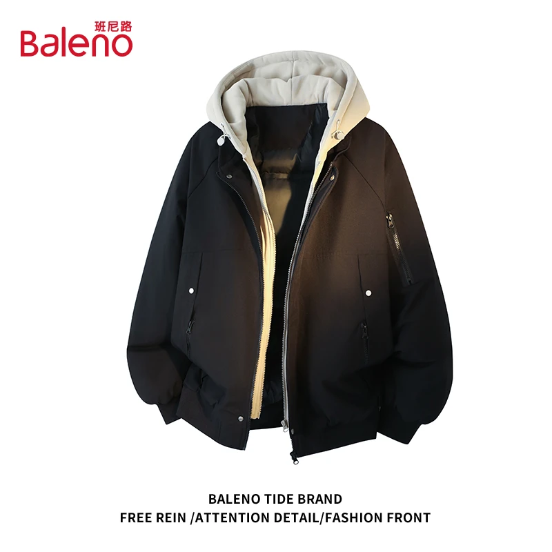 班尼路假两件连帽加厚棉衣2025新款冬季韩版宽松潮流美式工装外套