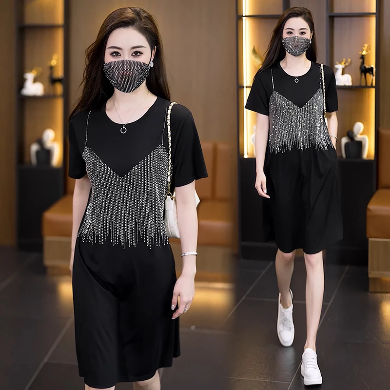 夏装新款短袖连衣裙高级感烫钻夏季大码赫本裙胖女孩宽松显瘦裙子