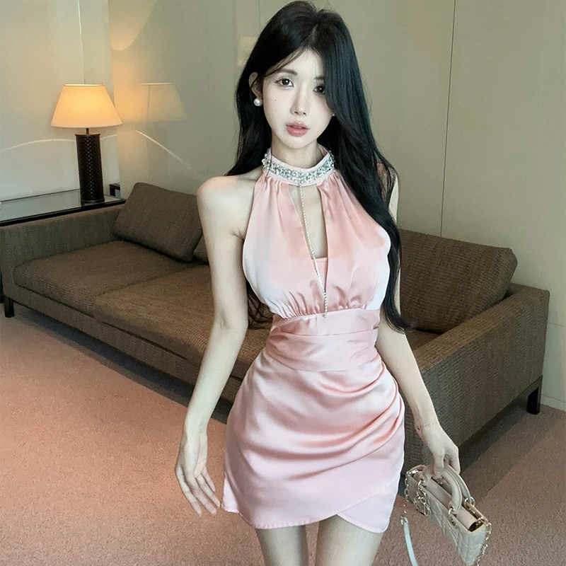 纯欲风重工镶钻设计感镂空无袖连衣裙女韩系辣妹收腰显瘦包臀裙子