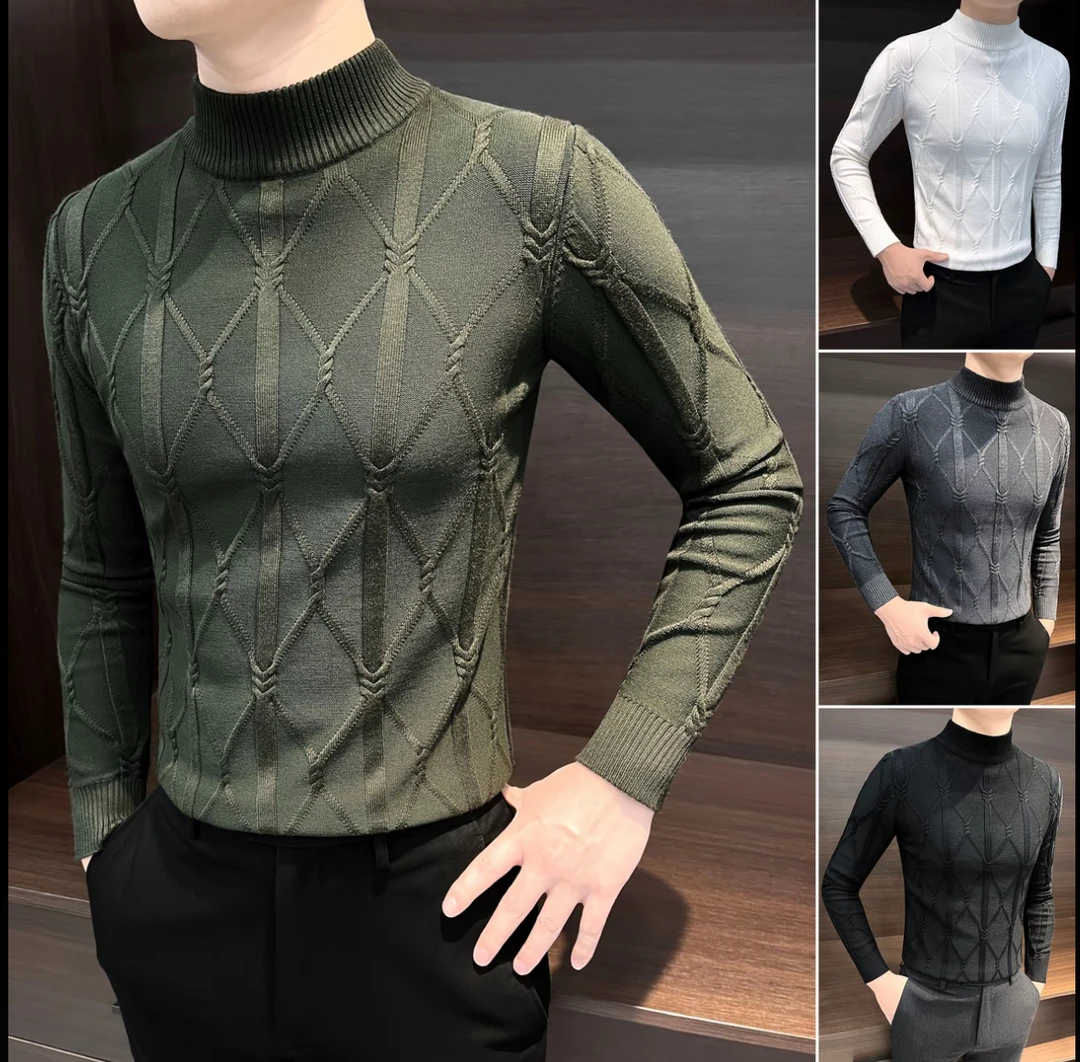 2025秋冬轻奢时尚提花工艺半高领毛衣成熟痞帅内搭男士针织打底衫