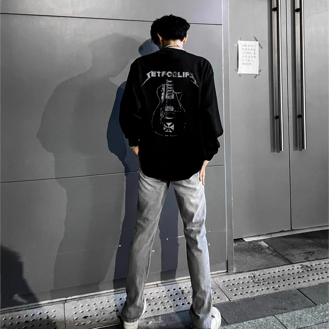 美式高街潮牌印花长袖t恤男春秋宽松休闲纯棉小领口打底衫ins上衣