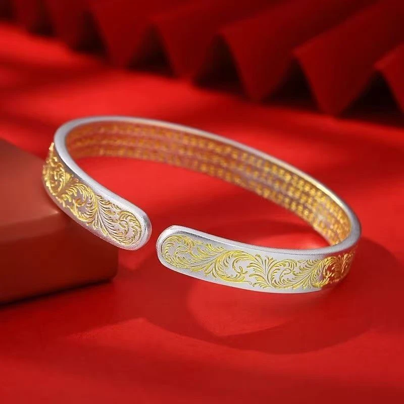 足银 9999 高端大气时尚 描金凤纹 吉祥经开口手镯 货号022