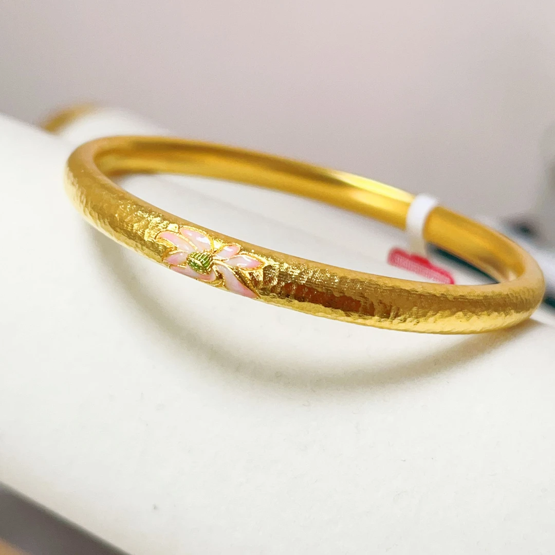 足银珐琅手镯 锤纹荷花女士镯