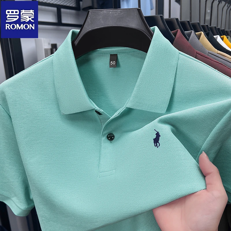【100%纯棉】罗蒙夏季男士纯色POLO衫宽松小马标刺绣翻领短袖T恤