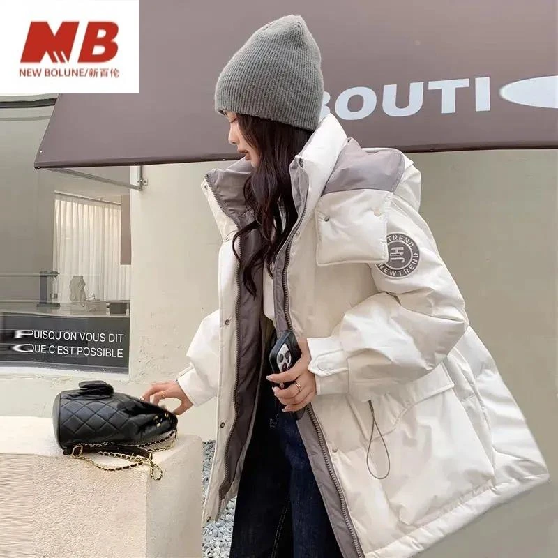 新百伦【奥莱撤柜】2025新款羽绒棉服女中长款韩版工装连帽加厚收