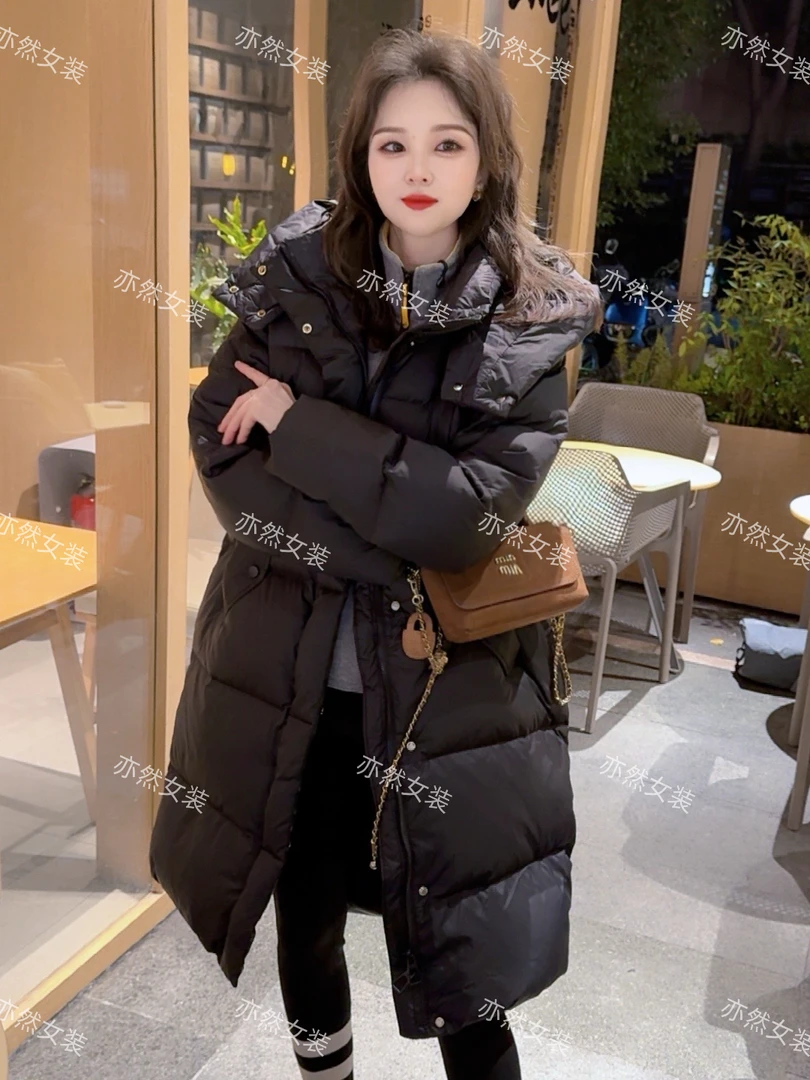 【现货90绒】2025新款羽绒服女中长款过膝连帽宽松加厚冬季百搭外套