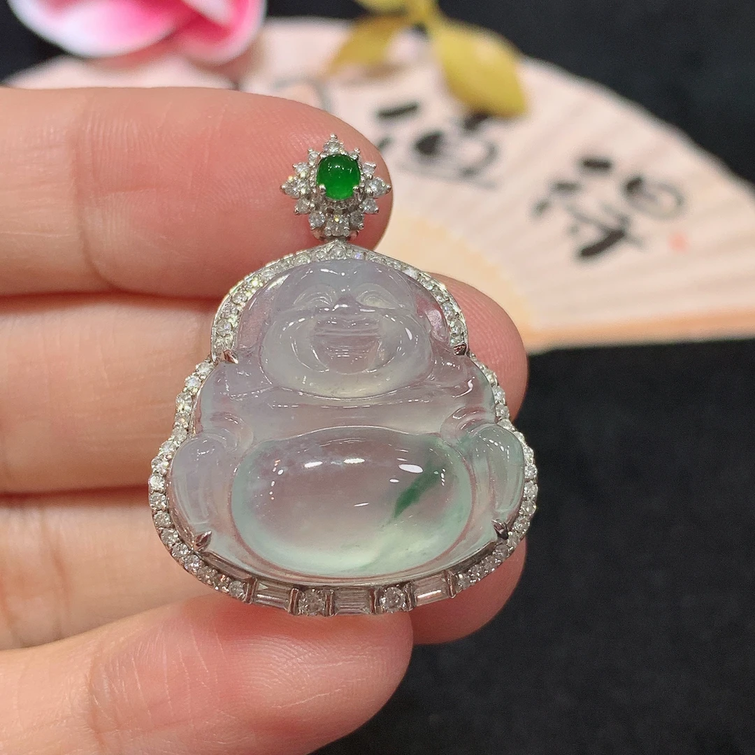 18k金天然A货翡翠飘花坐佛吊坠经典轻奢时尚