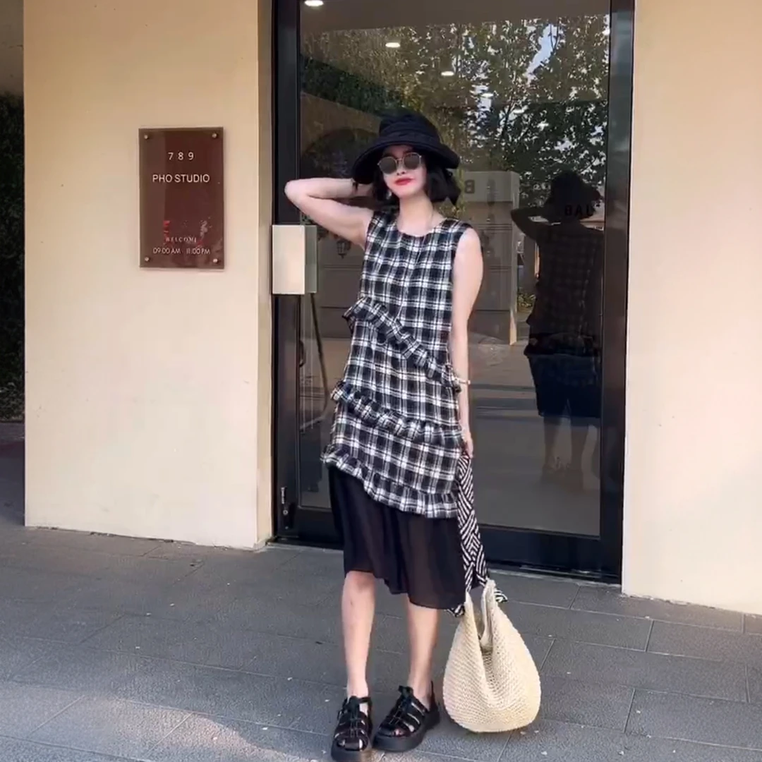 木耳边格子无袖连衣裙女夏季2025新款鱼尾遮肚子藏肉A字连衣裙