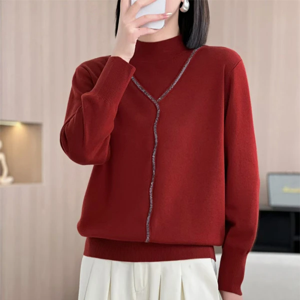 红色长袖上衣套头纯色百搭洋气网红时尚宽松半高领秋冬