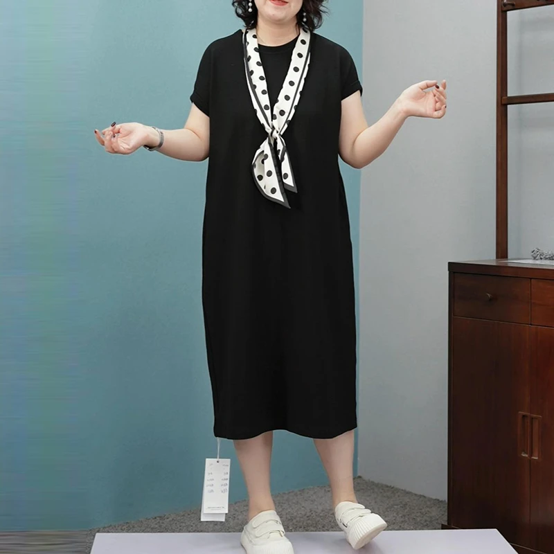 珠地棉中长款连衣裙舒适亲肤柔软百搭显瘦简约休闲大码净版过膝裙