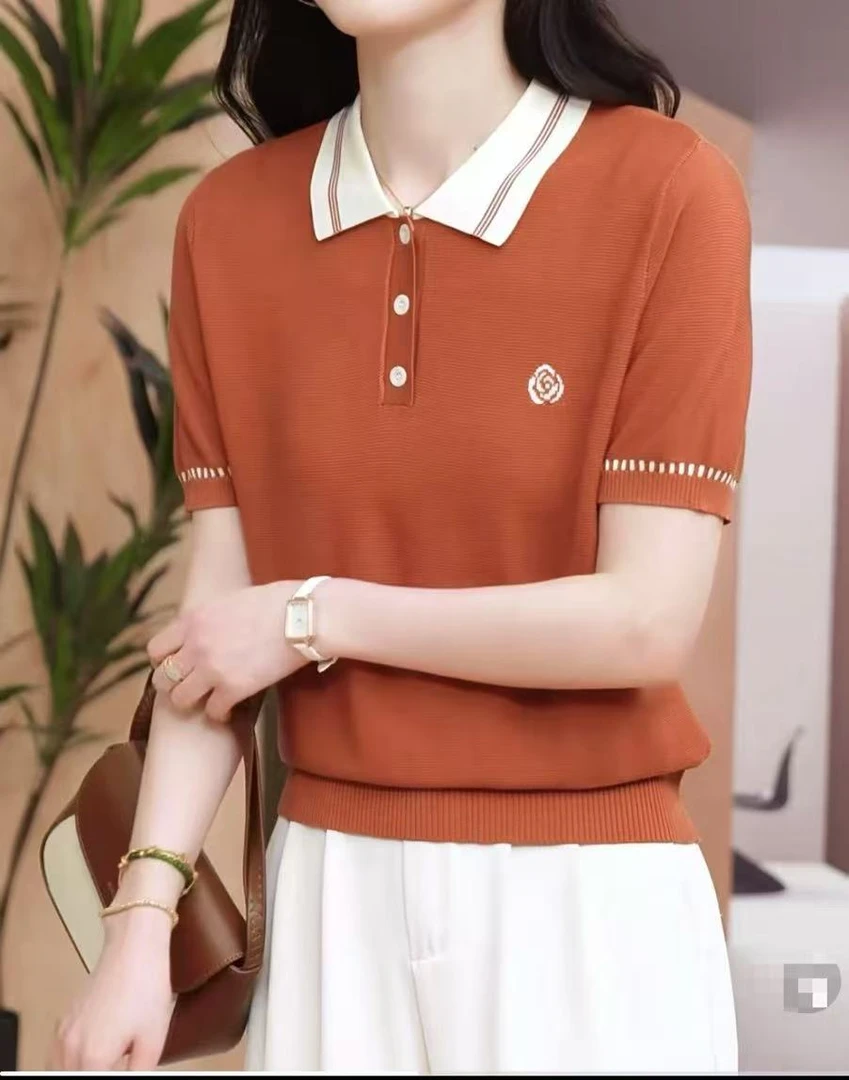326【玫瑰花   翻领短袖】高级气质针织女衫