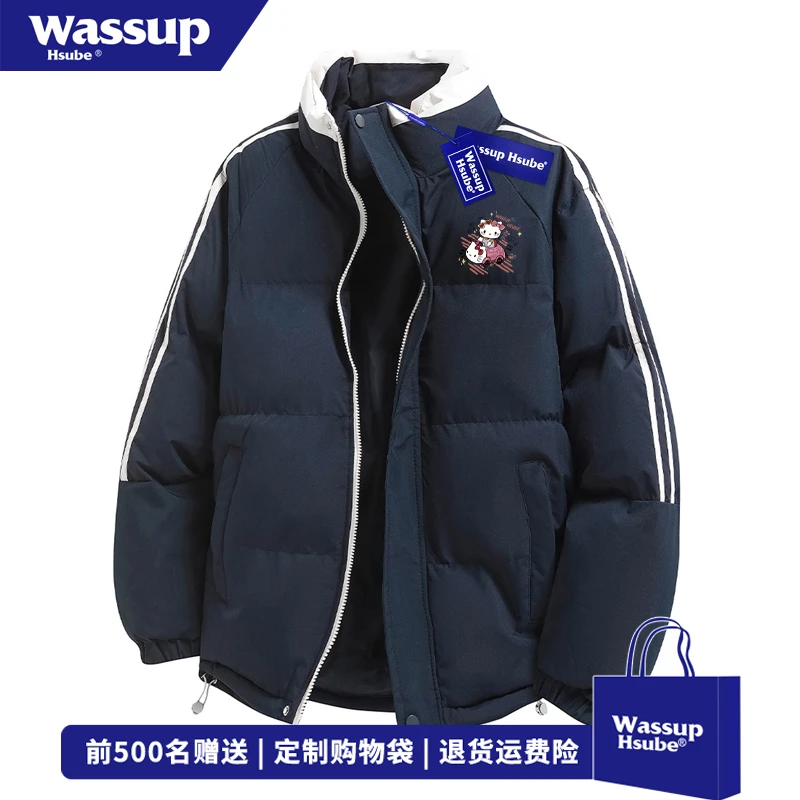 WASSUP HSUBE卡通凯蒂猫印花冬季棉服男女三条杠宽松情侣百搭棉服