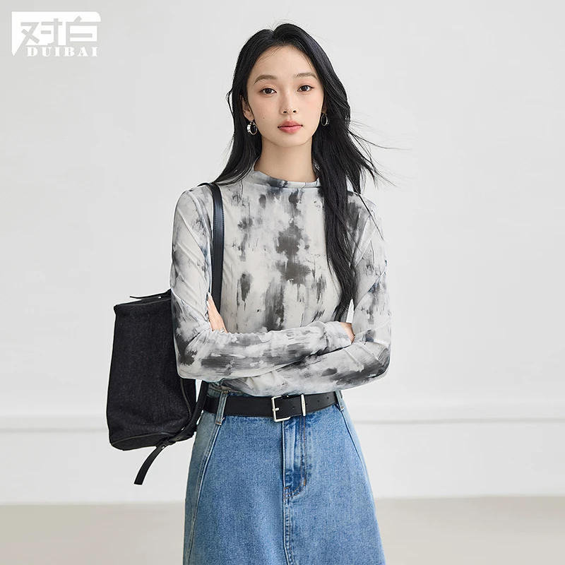 【强哥专属】D01对白轻薄微透晕染印花网纱T恤长袖打底衫FDT149