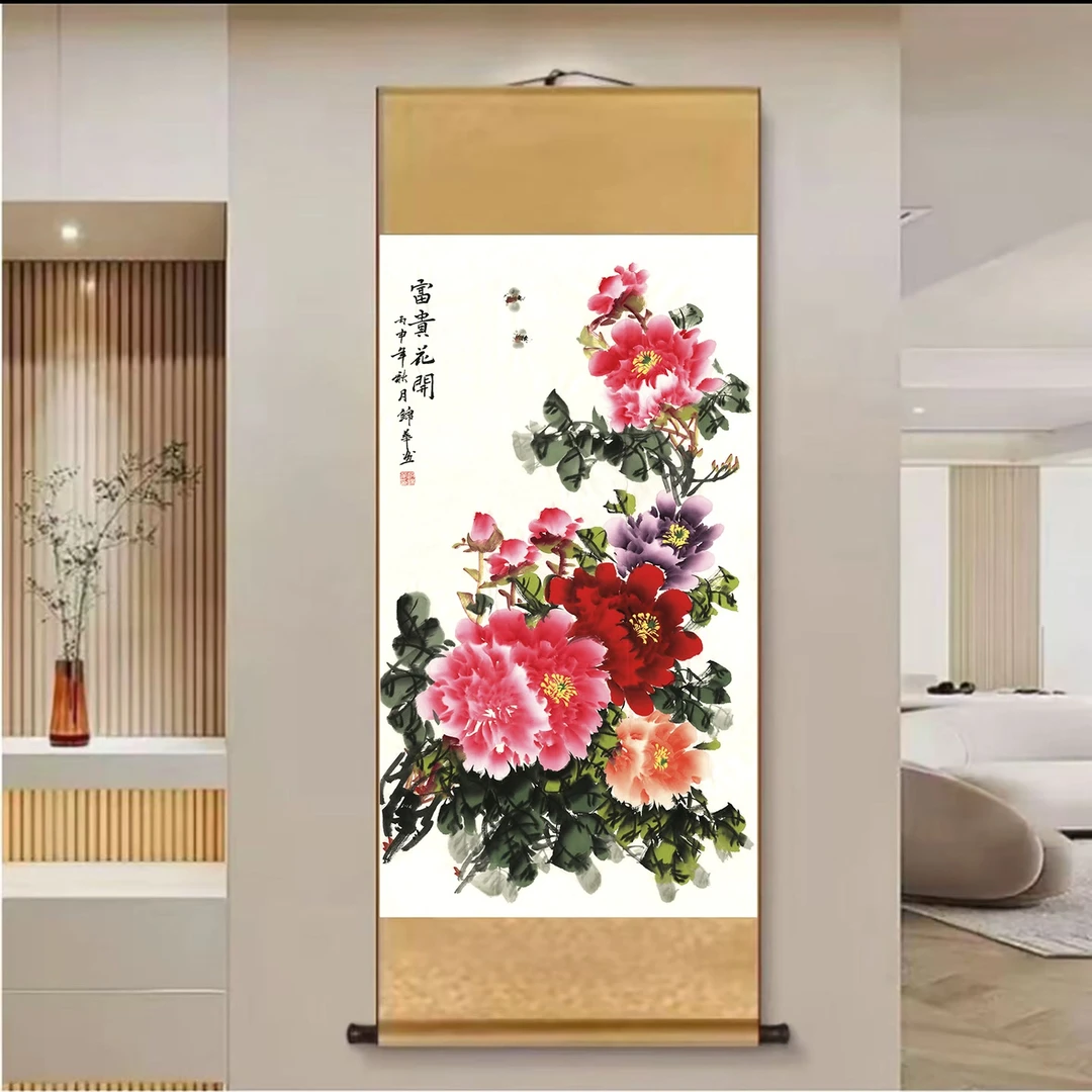 A05精装140*45《花开富贵》中式数字微喷立式挂画卷轴画