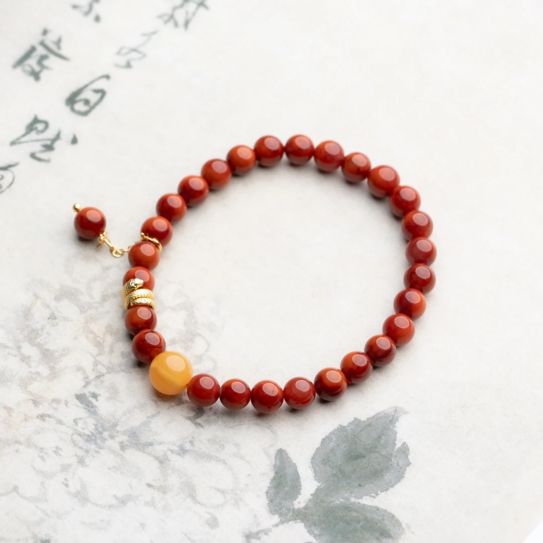 XIANYUAN/仙源南红火焰纹6mm+鸡油黄蜜蜡圆珠金盘蛇单圈