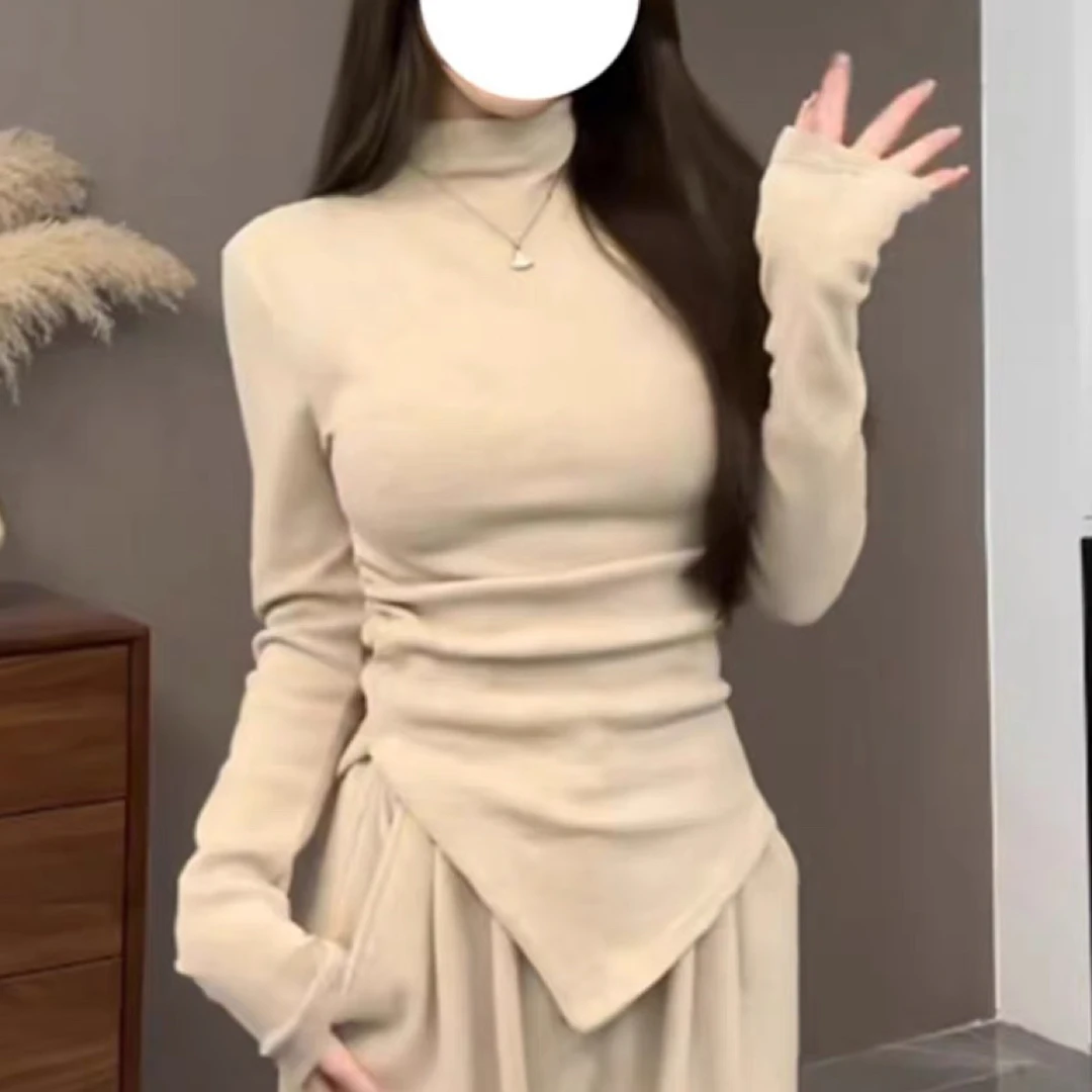 1063 加绒半高领气质不规则褶皱打底衫