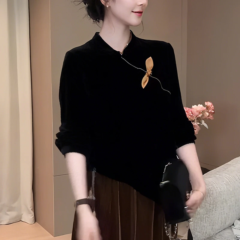 2025早秋新中式国风立领黑色丝绒长袖衬衫女洋气禅意唐装小衫上衣