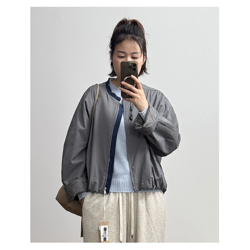 WT093 春秋新款女士时尚百搭宽松毛边拼接圆领长袖拉链开衫外套