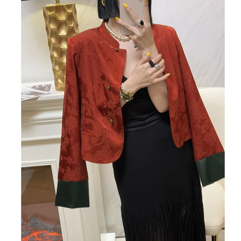 南油高货2025春装新款洋气 新中式醋酸提花短款撞色国风 外套上衣
