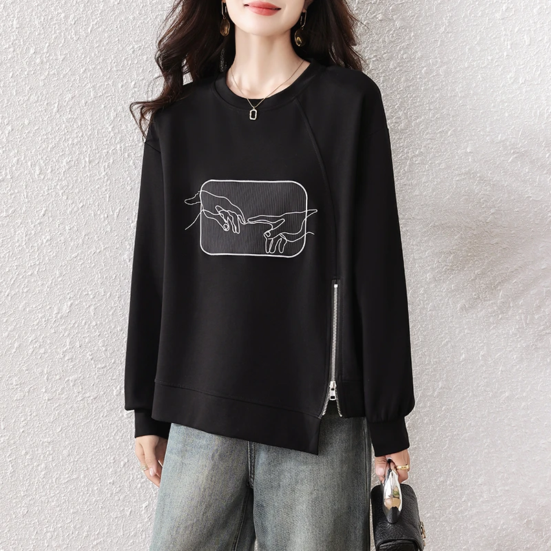 女士黑色套头卫衣2025秋季新款慵懒风宽松大码显瘦设计感拉链上衣