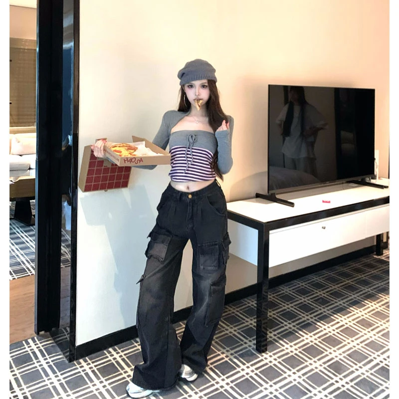 2025秋季新款复古修身针织坎肩+条纹抹胸背心+高腰工装牛仔裤长裤