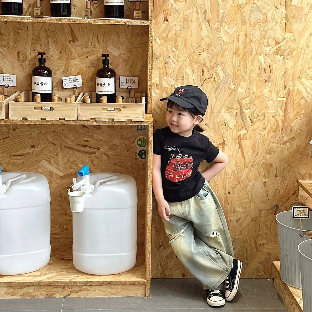 壹妈韩版童装女童套装夏季洋气儿童时髦卡通T恤短袖破洞牛仔裤