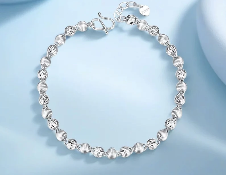 千烁珠宝Pt950铂金女士白金猫眼手链简约精致菱格车花珠珠手链