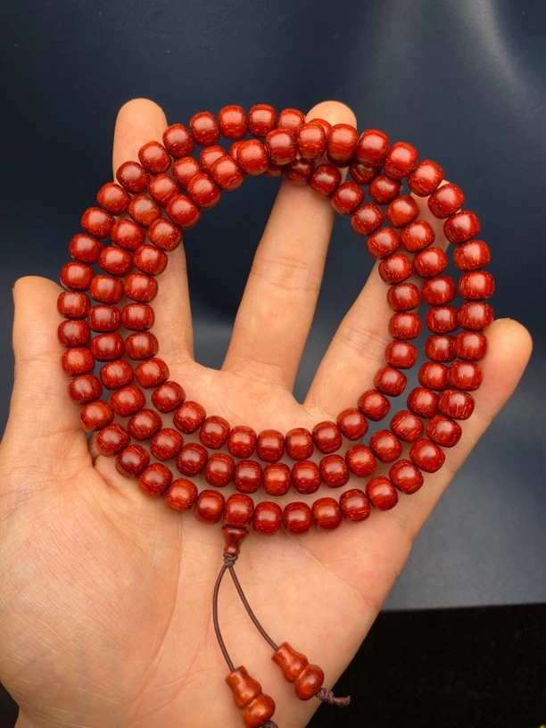 无胶无蜡印度小叶紫檀手串7*8顶泥108颗老型珠带鳞底鸡血红