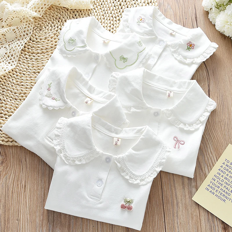 棉质女童翻领花边打底衫2粒扣刺绣T恤衫小女孩白色百搭小公主上衣