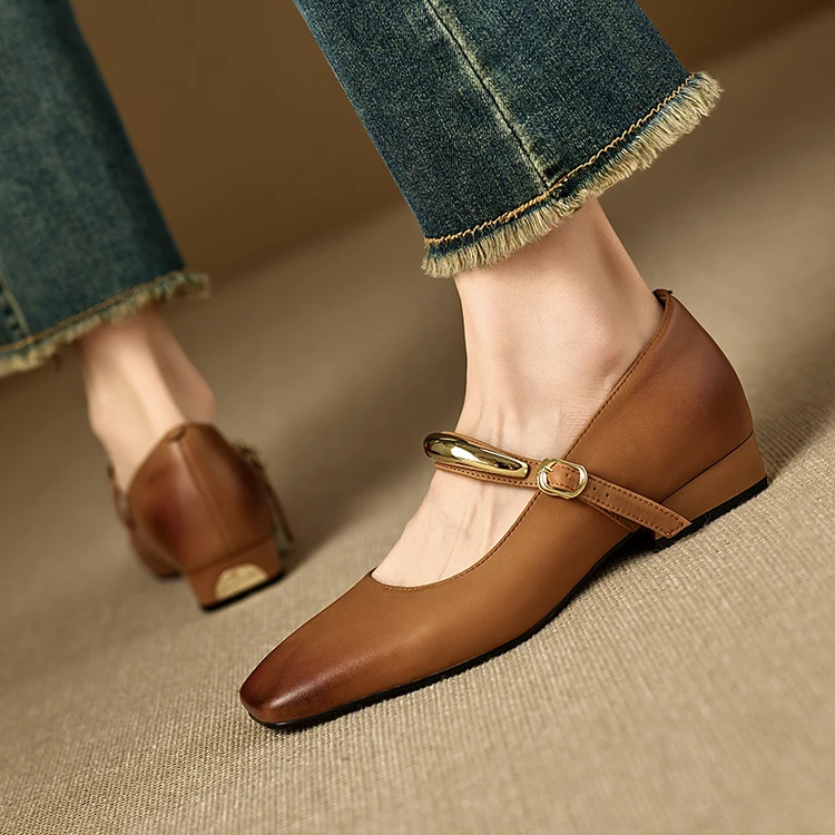 法式玛丽珍鞋女2025新款秋季方头低跟单鞋子复古国风棕色擦色