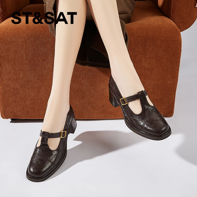 星期六法式优雅高跟鞋女士新款丁字扣粗跟单鞋复古风皮带扣女鞋