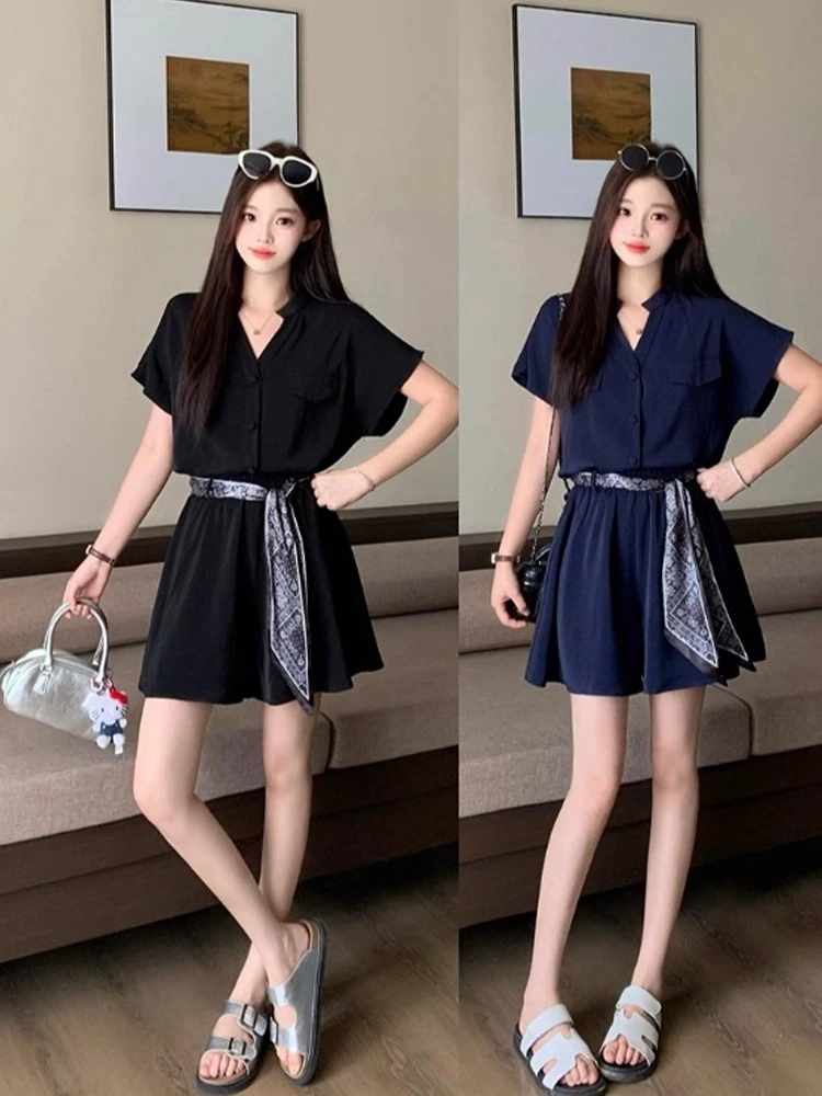 M-4XL凉感面料~松弛感穿搭套装女夏显瘦大码上衣衬衫短裤两件套潮
