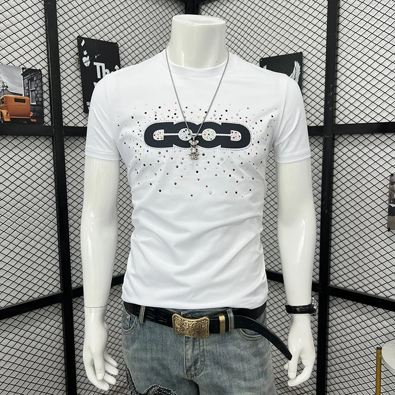 萨尔布勒斯夏季重工烫钻字母短袖男士修身圆领透气时尚潮流上衣