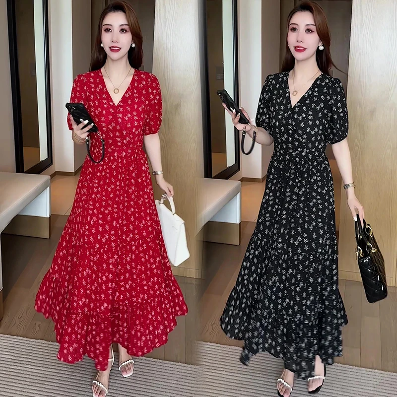 V领连衣裙2025新款7235夏季时尚中长裙女修身显瘦小个子半松紧裙