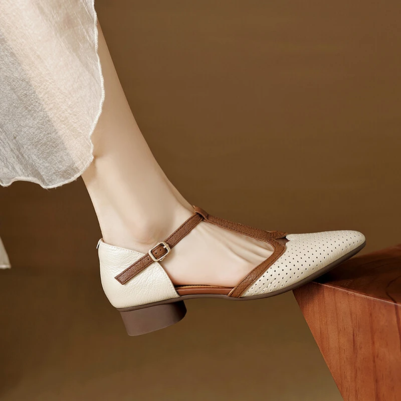 断码清仓包头百搭凉鞋女真皮夏季尖头低跟一字带单鞋软底软面女鞋