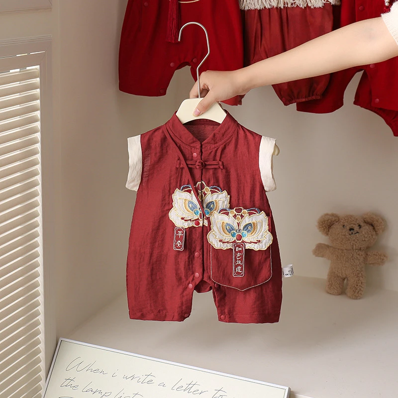 周岁婴儿礼服夏季薄款短袖宝宝抓周红色连体衣满月百天婴幼儿衣服