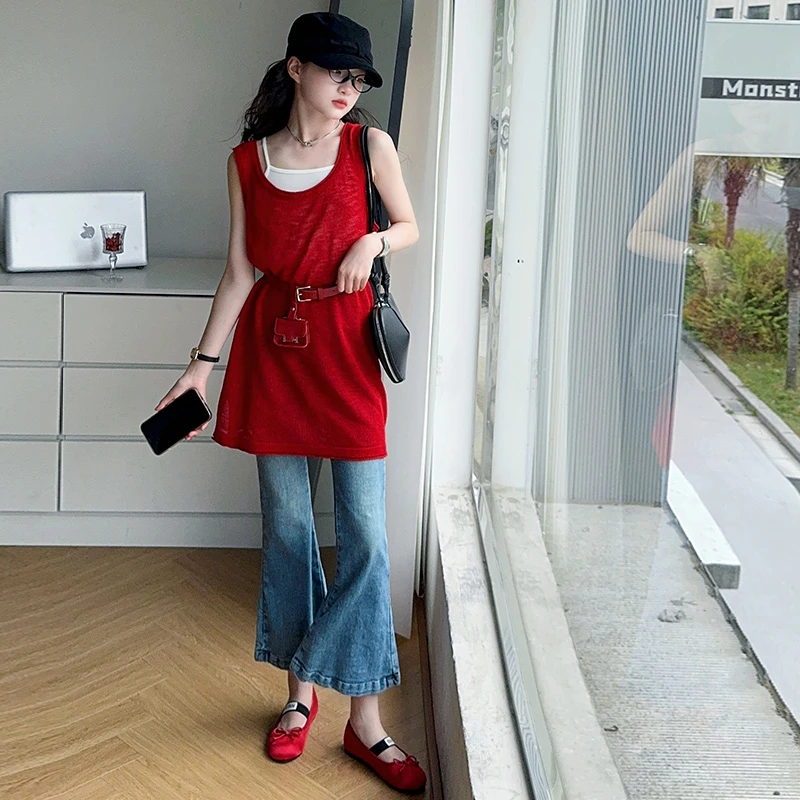 女童冰丝连衣裙套装2025新款大童洋气时髦夏季无袖背心裙牛仔裤潮