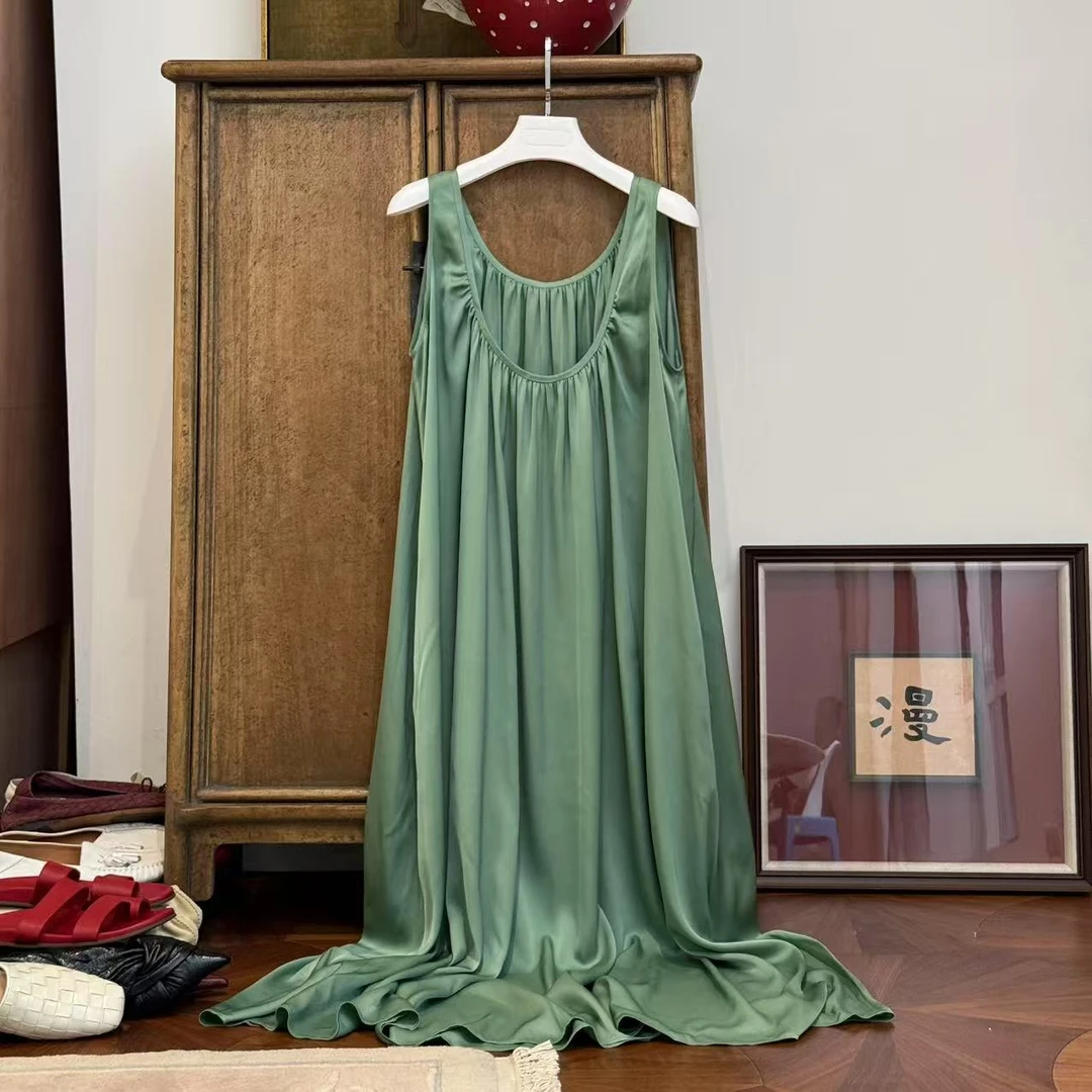 MYL 2025夏季新品28姆米桑蚕丝混纺绿色吊带裙U领无袖宽松连衣裙