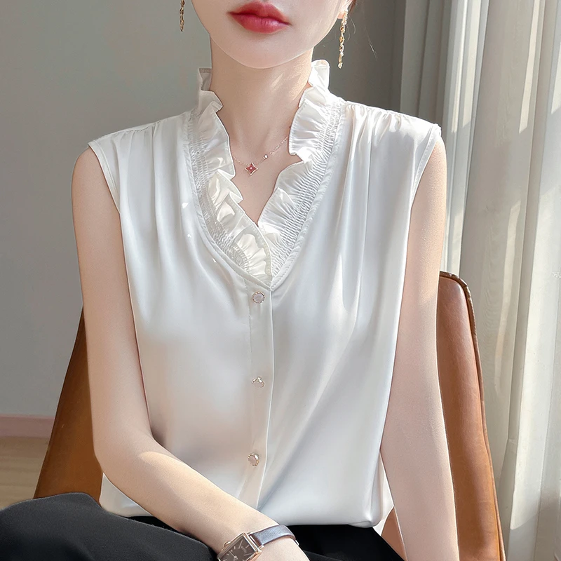 夏季法式V领木耳花边丝滑缎面无袖背心气质内搭女叠穿百搭打底