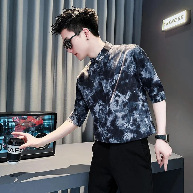 扎染花衬衫男款短袖上衣2025新款新中式国风男装7七分袖立领衬衣