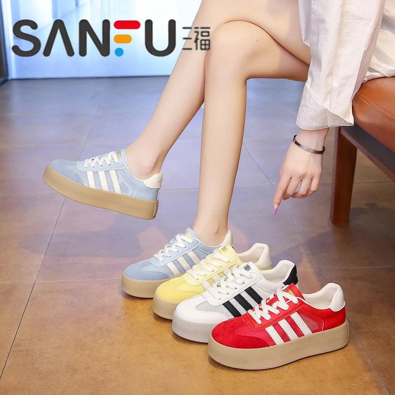 三福女鞋黄色德训鞋女2025新款爆款夏季单网面透气阿甘运动休闲鞋
