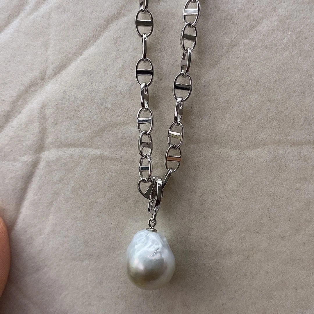 海水珍珠项链银S925镶嵌蓝血澳巴13-14m m