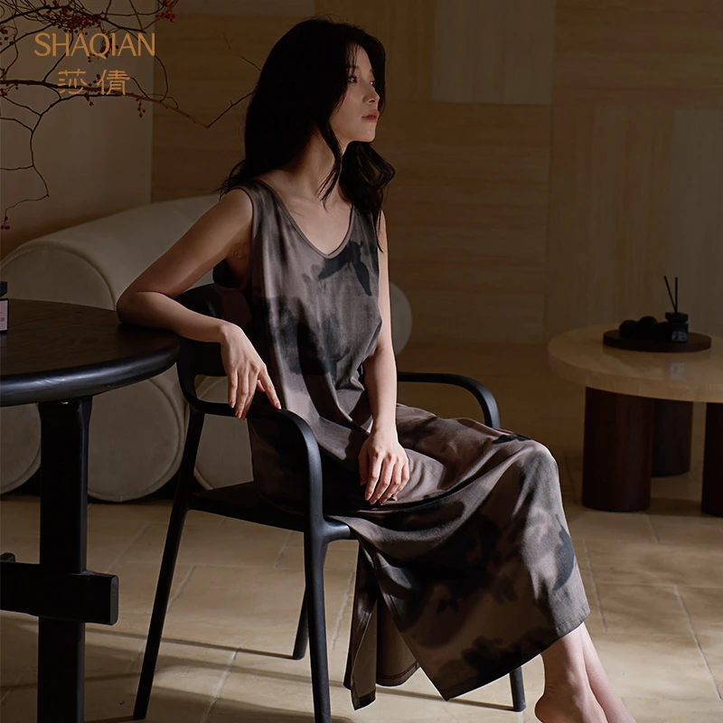 莎倩2025年夏季新款背心睡裙女带胸垫凉感莫代尔睡衣高级感可外穿