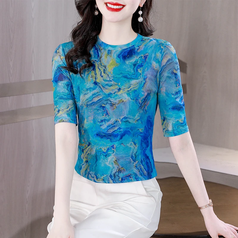 半高领碎花网纱洋气打底衫女夏季新款短袖T恤妈妈显瘦遮肚子上衣